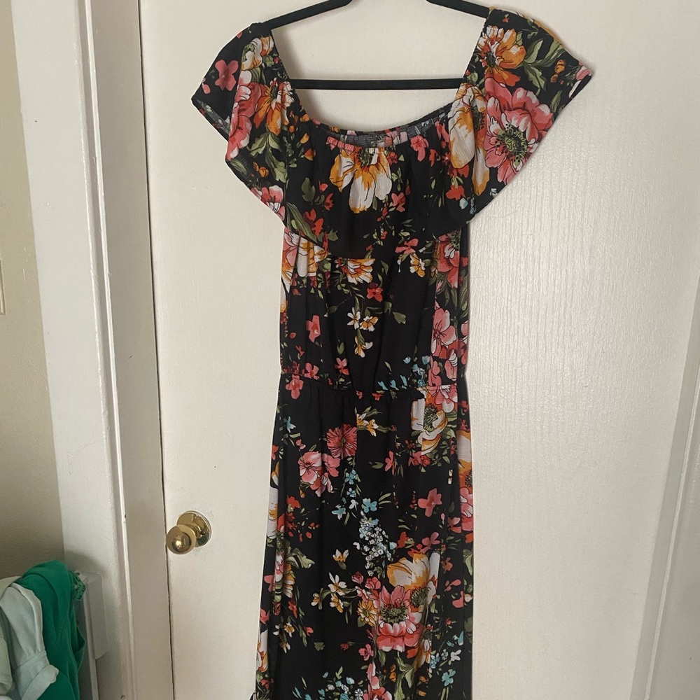 Black asymmetrical floral midi dress